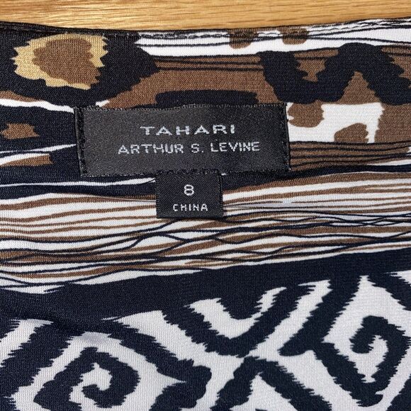 Tahari ASL Women’s Size 8 Brown Black White Tribal Geometric Print Midi Dress - Picture 2 of 7
